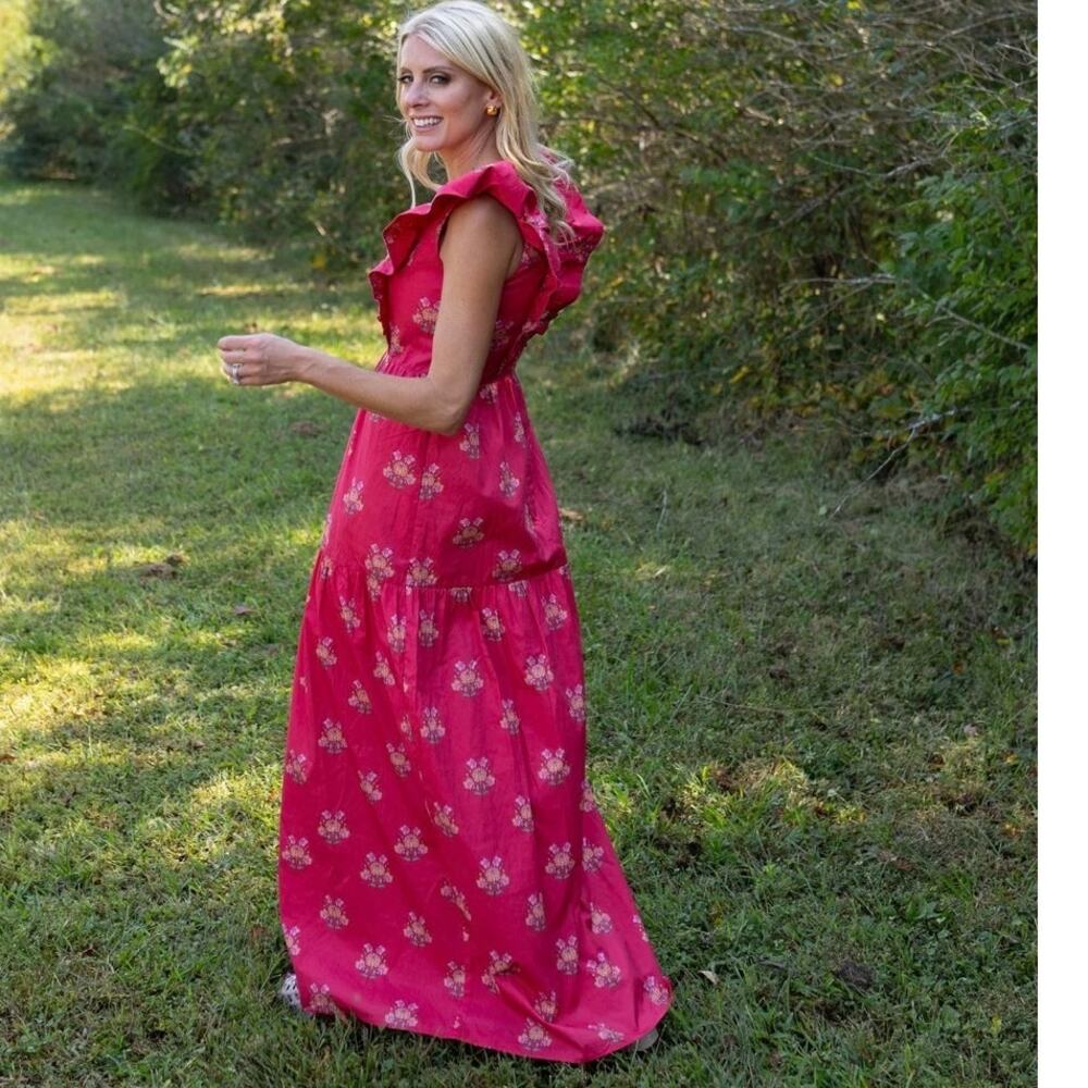 Modafleur The Copeland Ruffled Maxi Dress Red Floral Print Pockets Size Medium